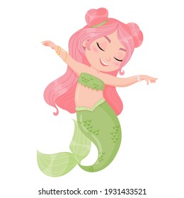 Cute cartoon mermaid. Little Mermaid with Pink Hair and Green Tail. A magical creature. Vector illustration isolated on white background.
