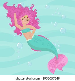 Cute cartoon mermaid. Little Mermaid with Pink Hair and Green Tail. A magical creature. Vector illustration isolated on color background.