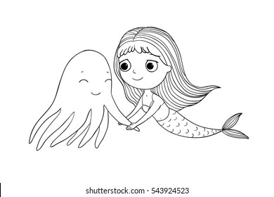 Cute cartoon mermaid and octopus.  Siren. Sea theme. Hand drawing isolated objects on white background. Vector illustration. Coloring book