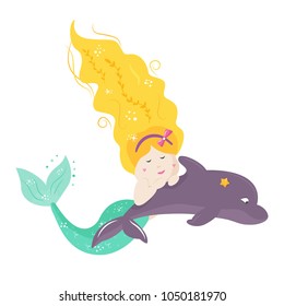 Cute cartoon mermaid on dolphin. Vector illustration.