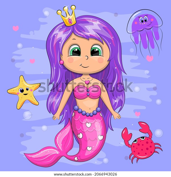 Cute cartoon\
mermaid in pink with crown, jellyfish, crabs and starfish. Vector\
illustration with blue\
background.