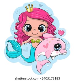 Cute cartoon mermaid with pink dolphin on a blue background