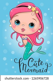 Cute Cartoon Mermaid with pink hair on a blue background