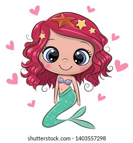 Cute Cartoon Mermaid with pink hair on a white background