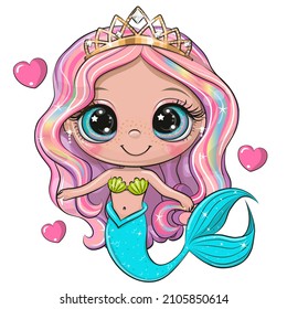 Cute Cartoon Mermaid with pink hair on a white background