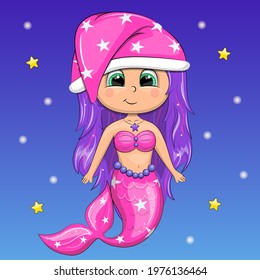 Cute cartoon mermaid in a pink nightcap with stars. Night vector illustration on blue background with stars.