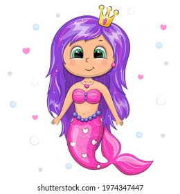 Cute cartoon mermaid in pink with purple hair and crown. Vector illustration on a white background with hearts and bubbles.