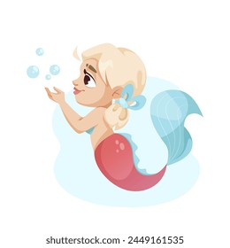 A cute cartoon mermaid playing with bubbles, stylized in vector illustration on a simple background, concept of fantasy. Vector illustration
