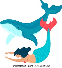 Cute cartoon mermaid princess travels ot plays with a whale isolated on white vector, illustration. Sea marine or sirene walking with big blue whale the underwater world in a children s style.