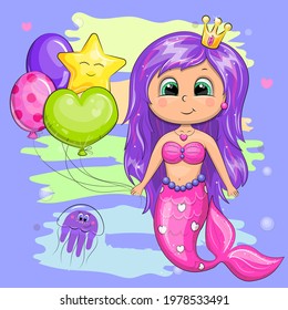 Cute cartoon mermaid with purple hair and a crown is holding balloons. Vector image on a colorful background.