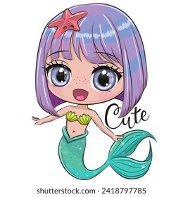 Cute Cartoon Mermaid with purple hair on a white background