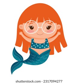 Cute cartoon mermaid with with red hair and glasses for vision on a white background. Trendy kids vector illustration. For card, sticker, poster, game, clothing fabric print, pattern