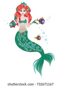 Cute cartoon mermaid with red hair and green tail.