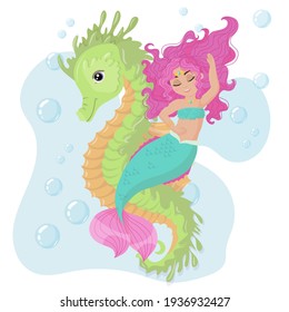 Cute cartoon mermaid riding a Seahorse. Little Mermaid with Pink Hair and Green Tail. A magical creature. Vector illustration isolated on white background.