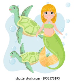 Cute cartoon mermaid with sea turtles. Little Mermaid with Red Hair and Green Tail. A magical creature. Vector illustration isolated on white background.