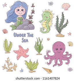 Cute cartoon mermaid, seahorse, octopus, starfish. Under the sea collection.