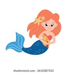 Cute Cartoon Mermaid with a seashell in her hands. White background, isolate
