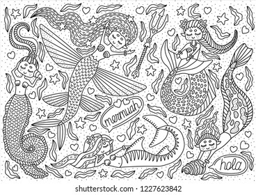 Cute cartoon mermaid. Set of different princess. Outline drawings. Isolated on white background. Vector illustration