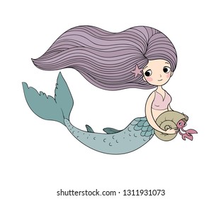 Cute cartoon mermaid and shell. Siren. Sea theme