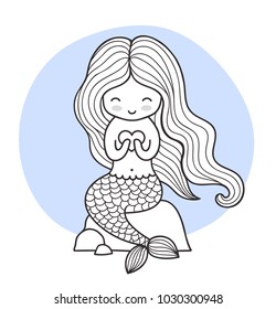 Cute cartoon mermaid, sitting on a stone. Vector illustration for print, card, poster, t-shirt, coloring books.