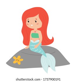 Cute cartoon mermaid is sitting on the rock. Isolated on white background. Vector kawaii character for children book or greeting card.