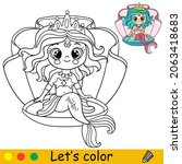 Cute cartoon mermaid sitting in the seashell. Coloring page and colorful template for preschool and school kids education. Vector illustration. For design, t shirt print, icon, patch or sticker.