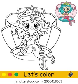 Cute cartoon mermaid sitting in the seashell. Coloring page and colorful template for preschool and school kids education. Vector illustration. For design, t shirt print, icon, patch or sticker.