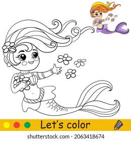 Cute cartoon mermaid swimming with flowers. Coloring page and colorful template for preschool and school kids education. Vector illustration. For design, t shirt print, icon,label, patch or sticker.