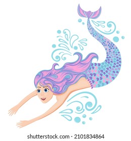 Cute cartoon mermaid swimming underwater. vector illustration