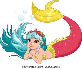 Cute Cartoon Mermaid with turquoise hair with bubbles Vector Illustration drawing in modern style for children fashion artwork, children's books, T-shirts prints, greeting cards.