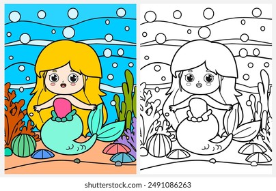 Cute cartoon mermaid underwater coloring page for kids, summer coloring pages for kids