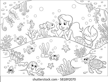 cute cartoon mermaid underwater world EPS10 File for Coloring Book