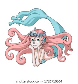 Cute cartoon mermaid wearing a crown made of seashells.  Decor element for kids products (room, clothes, stationery). Sea theme. Isolated objects on white background.  Pink and turquoise pastel colors