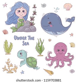 Cute cartoon mermaid, whale, octopus, turtle. Under the sea collection. 
