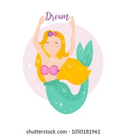 Cute cartoon mermaid with yellow hair. Vector illustration. Inspirational poster
