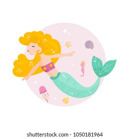 Cute cartoon mermaid with yellow hair. Vector illustration.