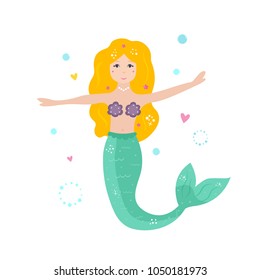 Cute cartoon mermaid yellow hair. Vector illustration.