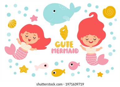 Cute cartoon mermaids with bubbles, shells, fish and a whale. Children's vector illustration for girls