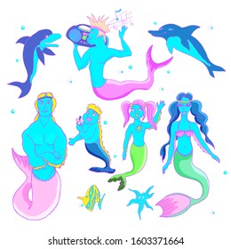 Cute cartoon mermaids, fishes, sea animals and starfish, vector collection. Family of mermaids, toddler, teenager with boombox, little girl, handsome father and beautiful mother.