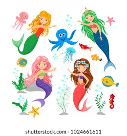 Cute cartoon mermaids and sea animal set. Octopus, jellyfish, seahorse, alga, starfish and mermaids isolated on white background