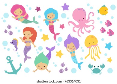 Cute cartoon mermaids, sea animals and ocean life objects vector set. Mermaid and fish, underwater starfish and seahorse illustration