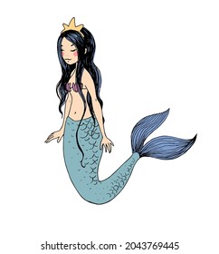 Cute cartoon mermaids. Siren. Sea theme. Beautiful cartoon girl with a fish tail.Hand drawing isolated objects on white background. Vector illustration. 