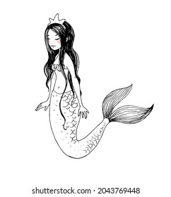 Cute cartoon mermaids. Siren. Sea theme. Beautiful cartoon girl with a fish tail.Hand drawing isolated objects on white background. Vector illustration. 