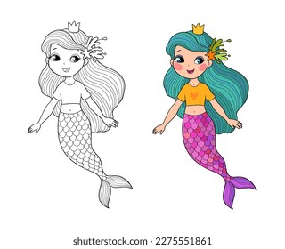 Cute cartoon mermaids. Siren. Sea theme. vector illustration. Beautiful cartoon girl with a fish tail. Illustration for coloring books. Monochrome and colored versions. Vector