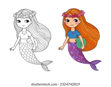 Cute Cartoon-Meerjungfern. Siren. Meeresthema. Vektorgrafik. Schönes Cartoon-Mädchen mit einem Fischschwanz. Illustration zum Färben von Büchern. Einfarbige und farbige Versionen. Vektorgrafik