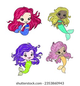 Cute cartoon mermaids. Siren. Sea theme. vector illustration.