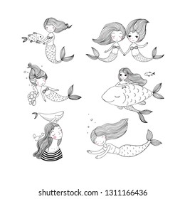 Cute cartoon mermaids. Sirens. Marine theme. Coloring