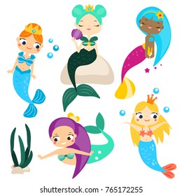 Cute cartoon mermaids. Stickers, clip art for girls in kawaii style. For invitations, scrapbook, blogging, mobile games