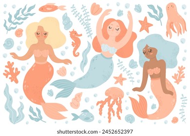 Cute cartoon mermaids and underwater life set. Vector hand-drawn sea elements.