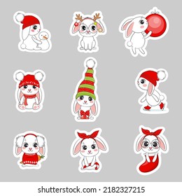 Cute cartoon Merry Christmas bunny sticker pack. Vector illustration.